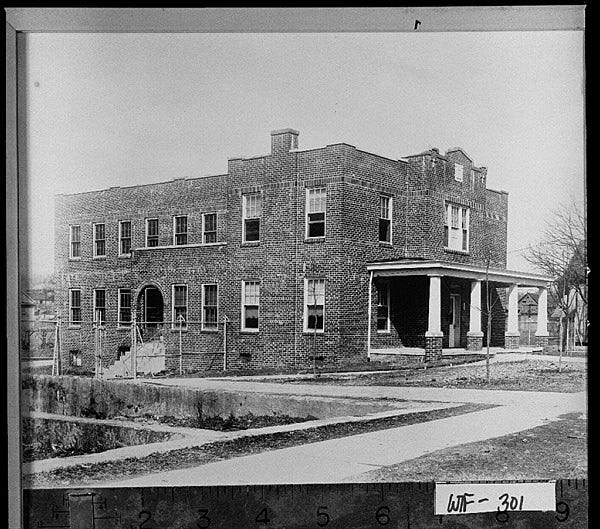 Whitfield County Jail, located on Hamilton Street near the Emery Street School, Dalton’s school for black children. On September 6, 1936, A mob abducted Lon McCamy from this jail and shot him nearby when he tried to escape.