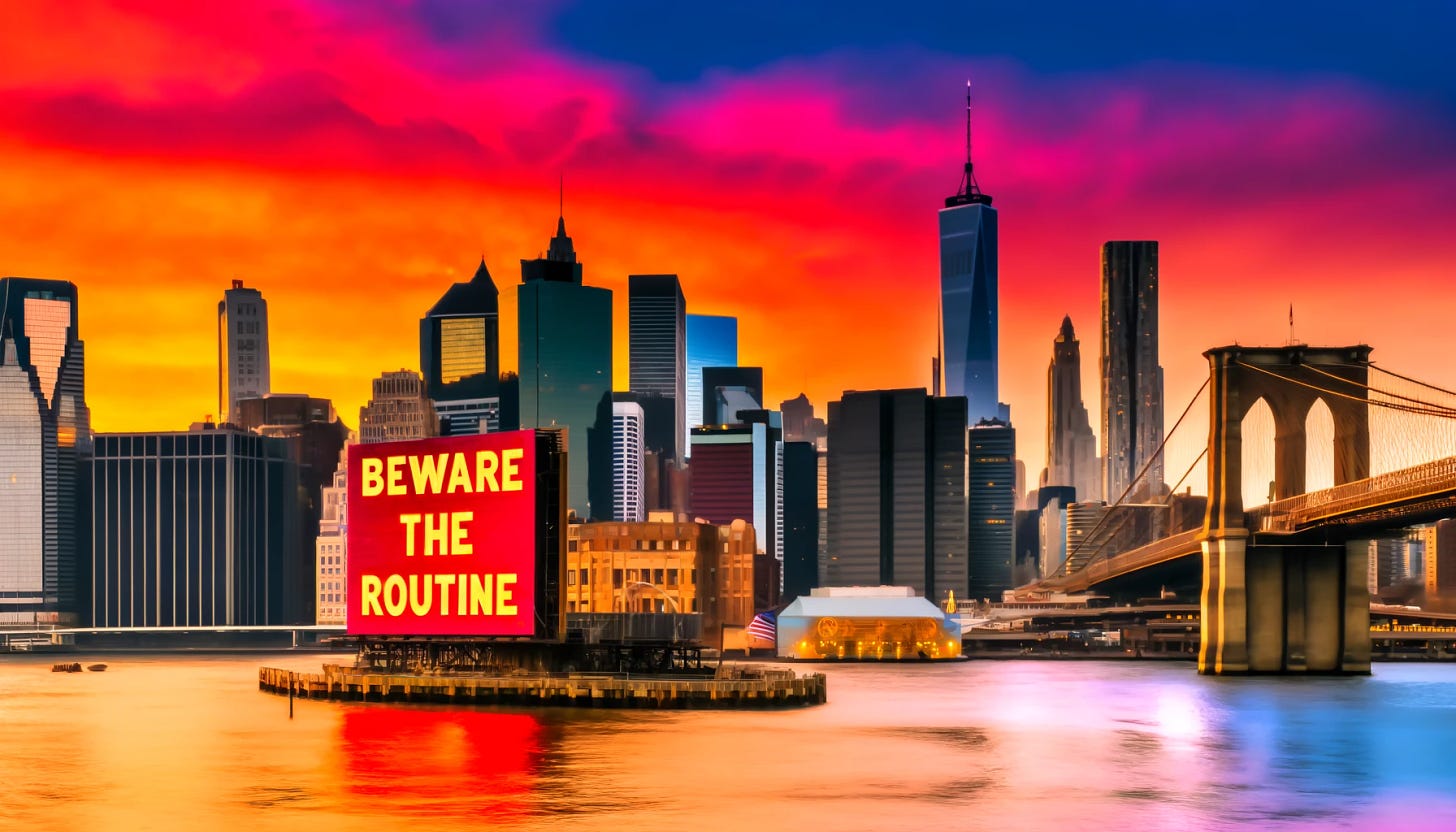 A vivid depiction of the New York City skyline at sunset, featuring iconic buildings like One World Trade Center and the Brooklyn Bridge. The skyline is bathed in orange and pink hues of the setting sun, creating a dramatic backdrop. In the distance, there is a large billboard with the message 'Beware the routine' in bold, eye-catching letters. This scene captures the contrast between the city's dynamic energy and the cautionary message on the billboard, with the East River reflecting the sunset colors in the foreground.
