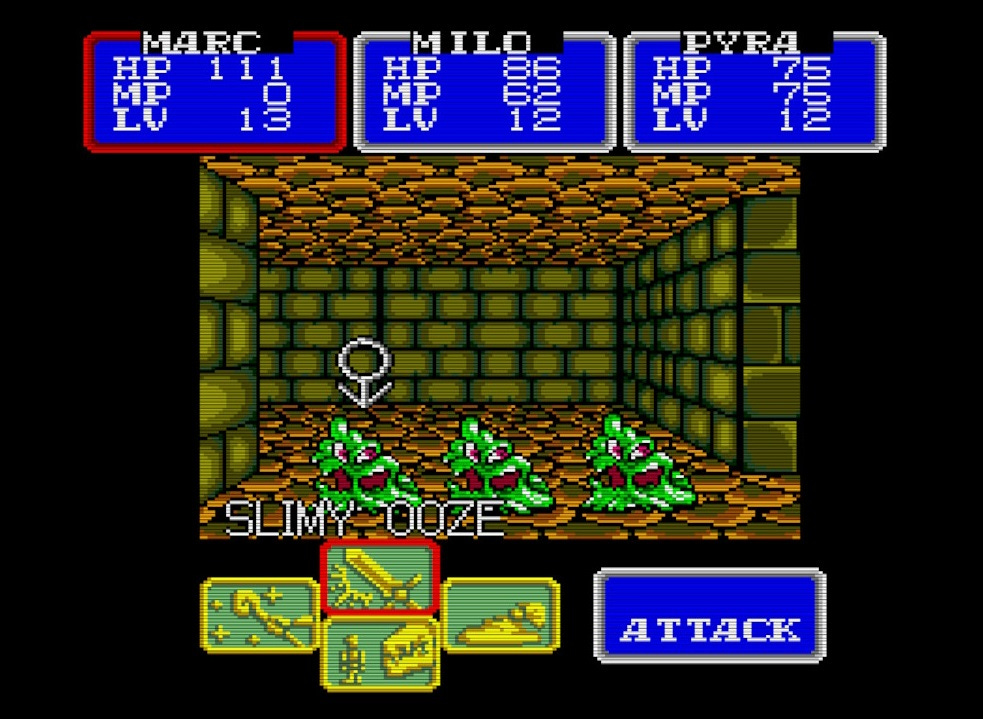 A screenshot of a battle in the first floor of the labyrinth, with green brick walls, after you've recruited both Milo and Pyra to your party. Three Slimy Oozes stand in your way, and the battle menu is at the bottom of the screen, with character hit point and level info in blue boxes above.