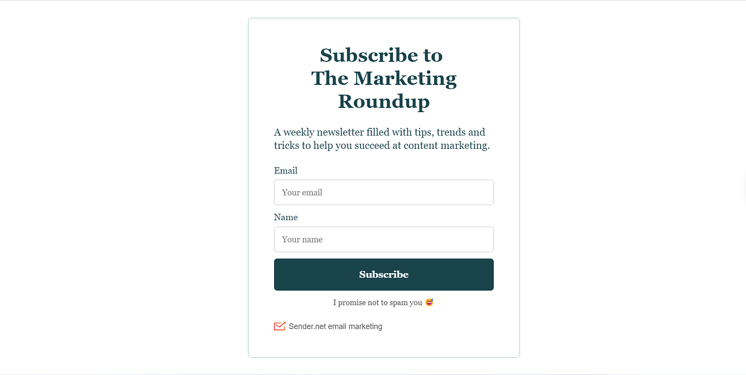 A screenshot of The Marketing Roundup's subscription page