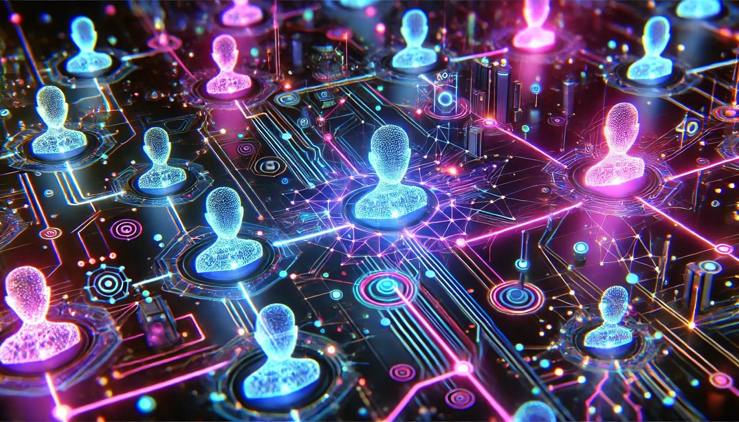 A futuristic digital network glowing in neon colors, representing the rise of Web 4.0 and AI agents. The image features interconnected nodes and circuits pulsating with bright blue, purple, and pink neon lights. Abstract representations of AI agents are seen navigating the network, symbolizing the transition to an agentic web. The background is dark, enhancing the glowing neon effect, creating a cyberpunk aesthetic.