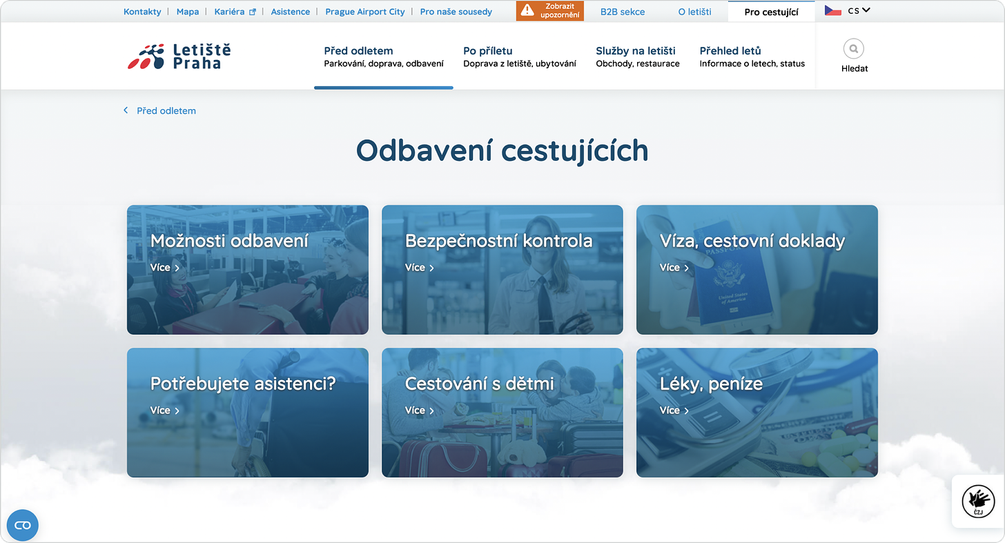 Snímek obrazovky z webu Letiště Praha
