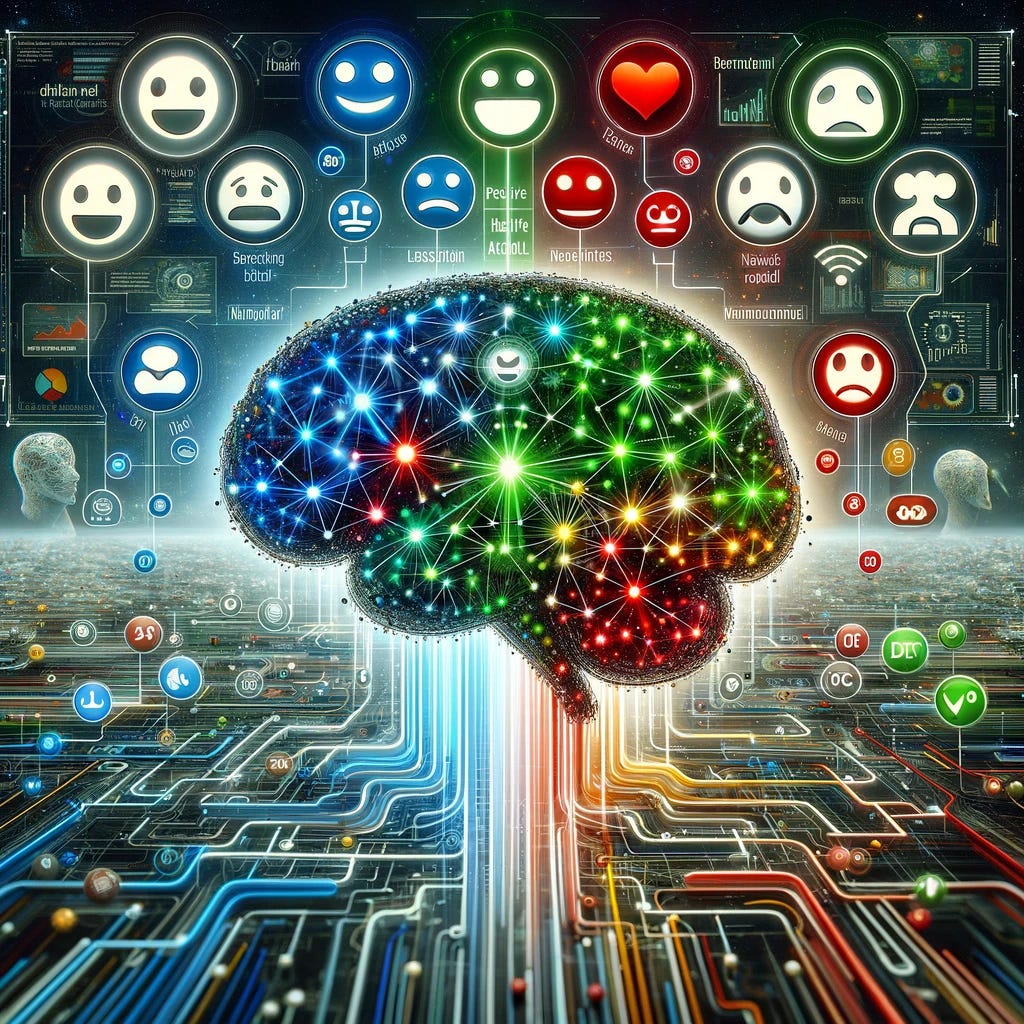 An image depicting the concept of sentiment analysis. Visualize a futuristic AI brain analyzing streams of digital text data from social media, blogs, and online forums, highlighting words with colors to denote positive (green), negative (red), and neutral (blue) sentiments. The AI brain is surrounded by diverse human faces representing different emotions such as happiness, sadness, and neutrality, symbolizing the AI's ability to detect and interpret human emotions from textual data. The background should evoke a sense of advanced technology and digital interconnectedness, with a network of lines and nodes connecting the AI brain to the global web of information.