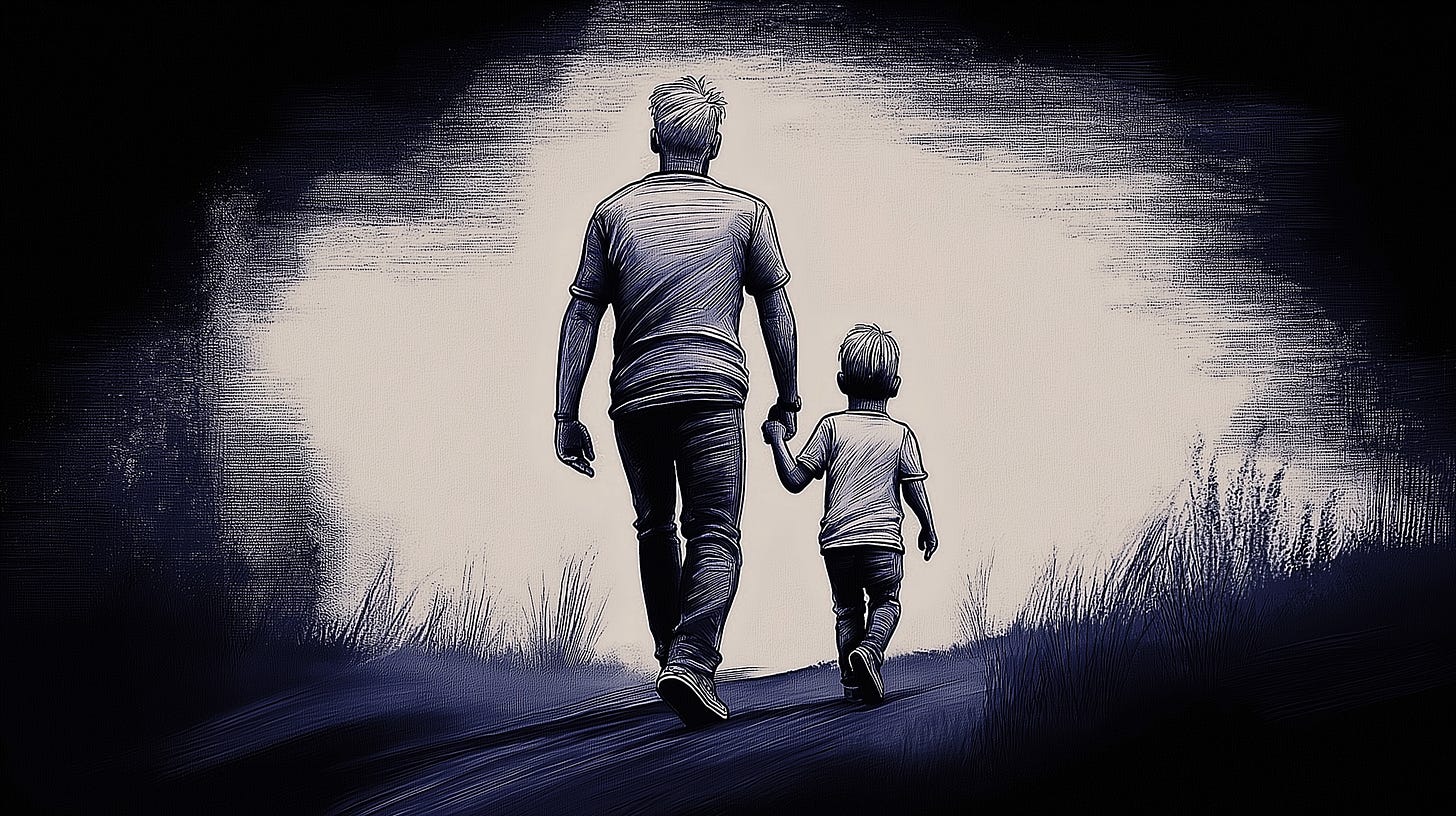 A man walks holding a young boy's hand. In monochromatic blue-grey. Scratchy, pen and chalk on drawing paper. Digital image by author. Digital tools included AI.