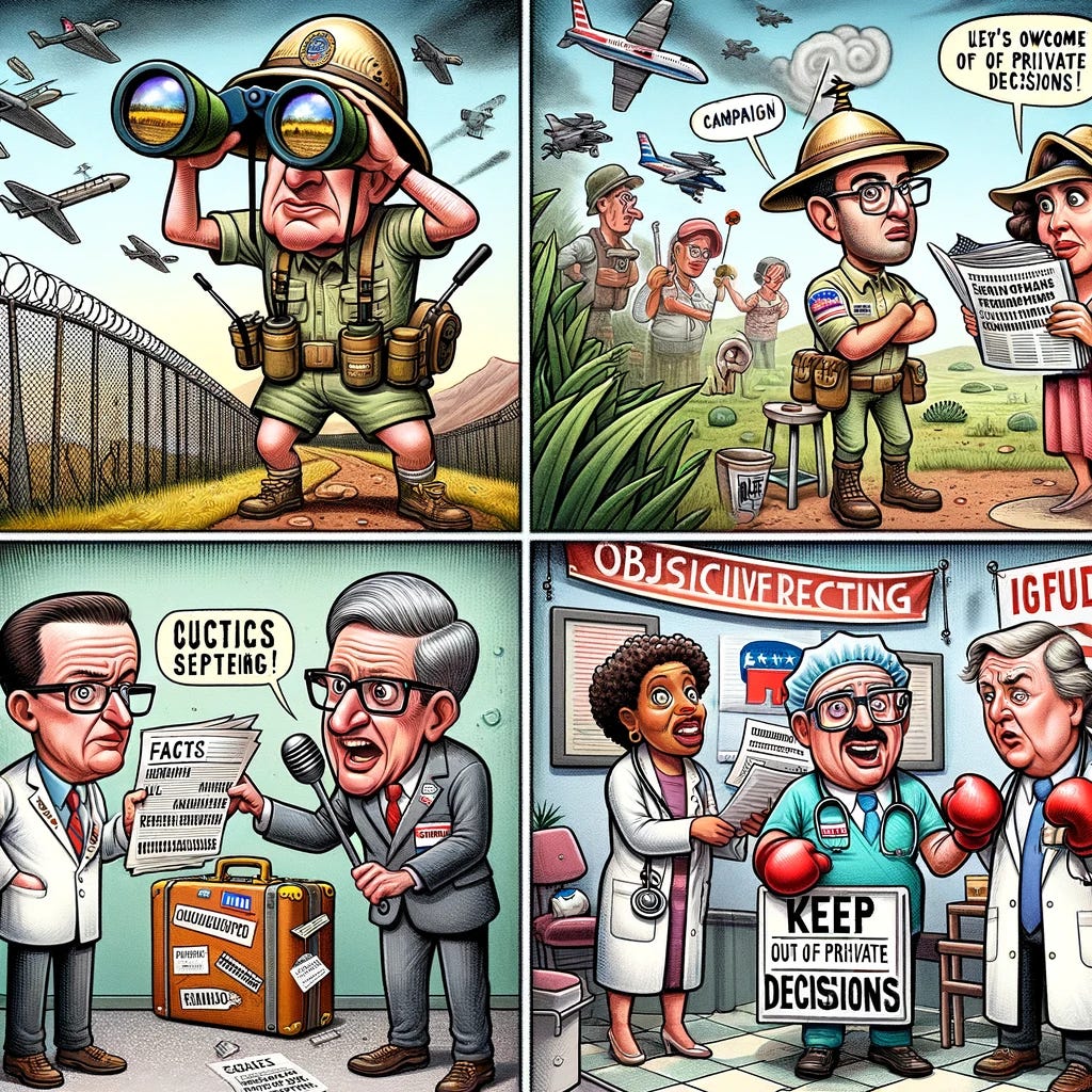 Envision a cartoon with four key scenes: 1. Politicians with exaggerated features, equipped with binoculars and safari gear, scrutinize a fence at the cartoonishly depicted southern border, humorously out of touch. 2. A legislator, characterized with oversized glasses and a tiny megaphone, boxes with an anthropomorphic newspaper labeled 'Objective Reporting,' which wears boxing gloves with 'facts' and 'truth' on them. 3. An 8th congress member stands on a cracking stage with a suitcase labeled 'Campaign' overflowing with 'Suspension Notice' papers, while a family off-stage holds a 'Welcome Home' banner. 4. Republican politicians in outdated medical attire attempt to operate a malfunctioning machine labeled 'Women's Health Decisions' in a doctor's office, with women holding a 'Keep Out of Private Decisions!' sign. Each scene satirizes a narrative from the Get More Smarter Podcast, blending satire with exaggerated caricatures.