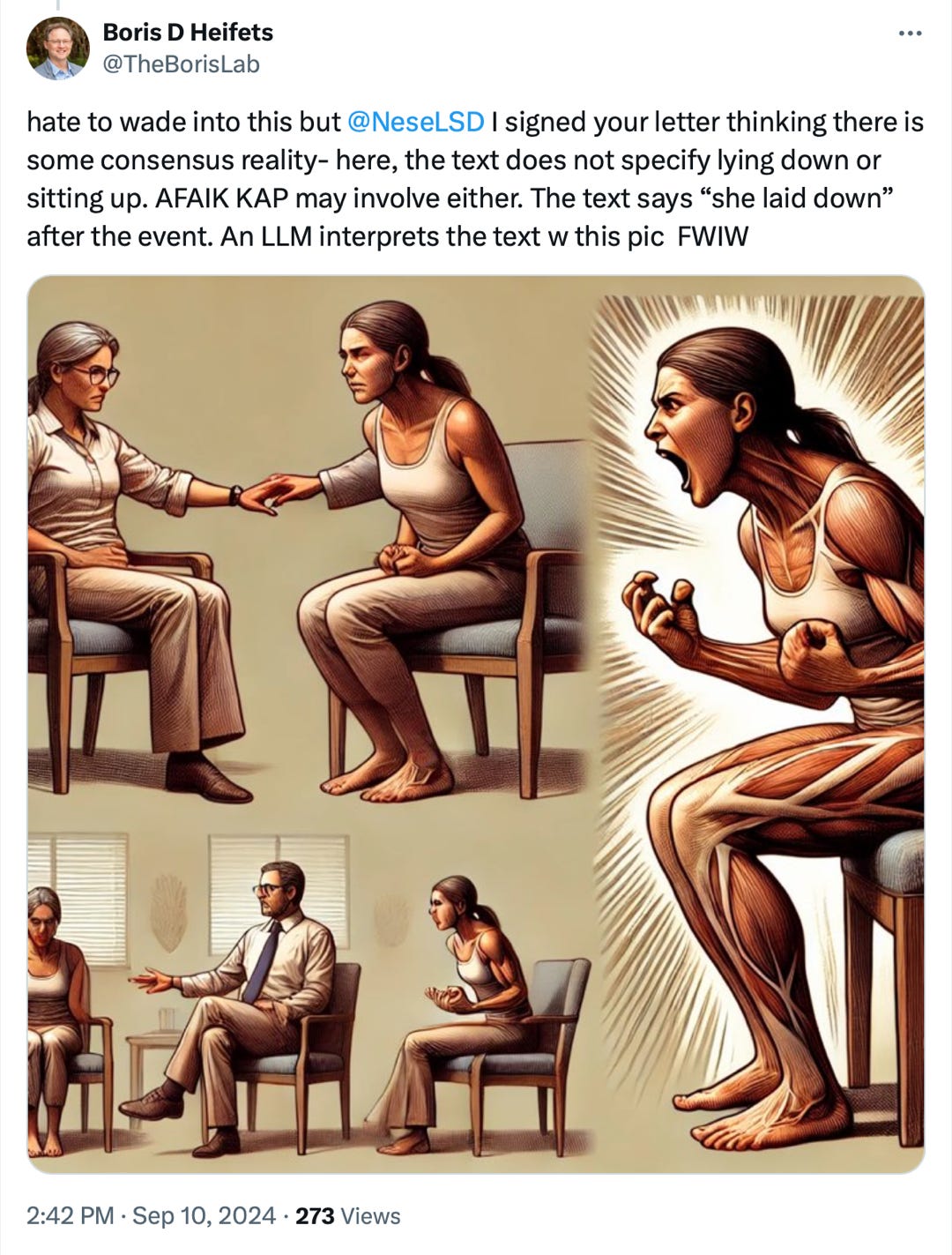 Tweet text reads: "hate to wade into this but  @NeseLSD  I signed your letter thinking there is some consensus reality- here, the text does not specify lying down or sitting up. AFAIK KAP may involve either. The text says “she laid down” after the event. An LLM interprets the text w this pic  FWIW." The associated image shows an angry woman shouting at a therapist while seated upright.