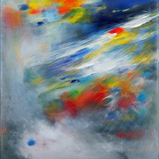 AI generated abstract expressionist image, a blur of yellows, oranges, blues, greens, and grays 