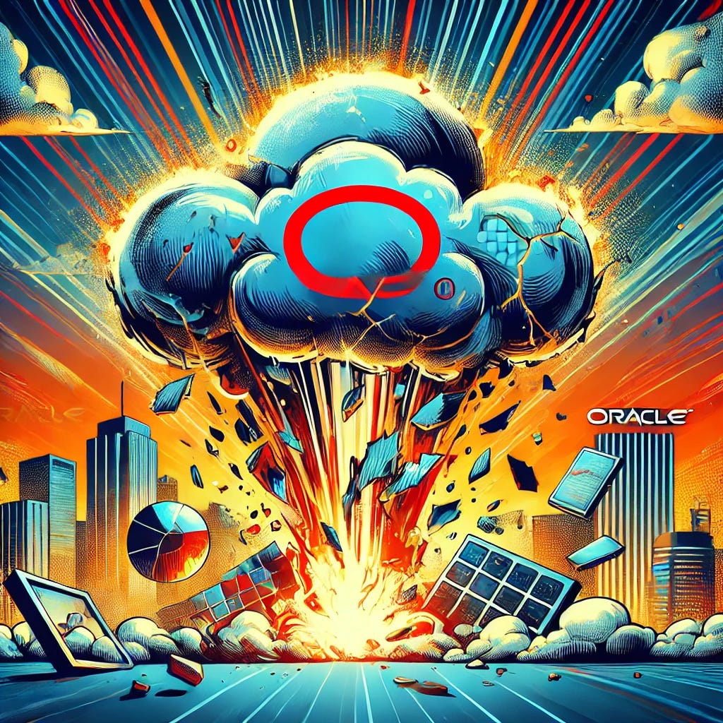 A dramatic and vibrant pop-art style illustration in a 1920x1080 horizontal format. The image should depict a large cloud symbol as if it were a crumbling giant, surrounded by shattered tech icons, with dramatic flames and sparks highlighting the collapse. Include a futuristic city skyline in the background with Oracle's logo prominently but subtly placed on the cloud. The overall atmosphere should convey tension and the duality of success and failure, using bold, contrasting colors and intricate details.