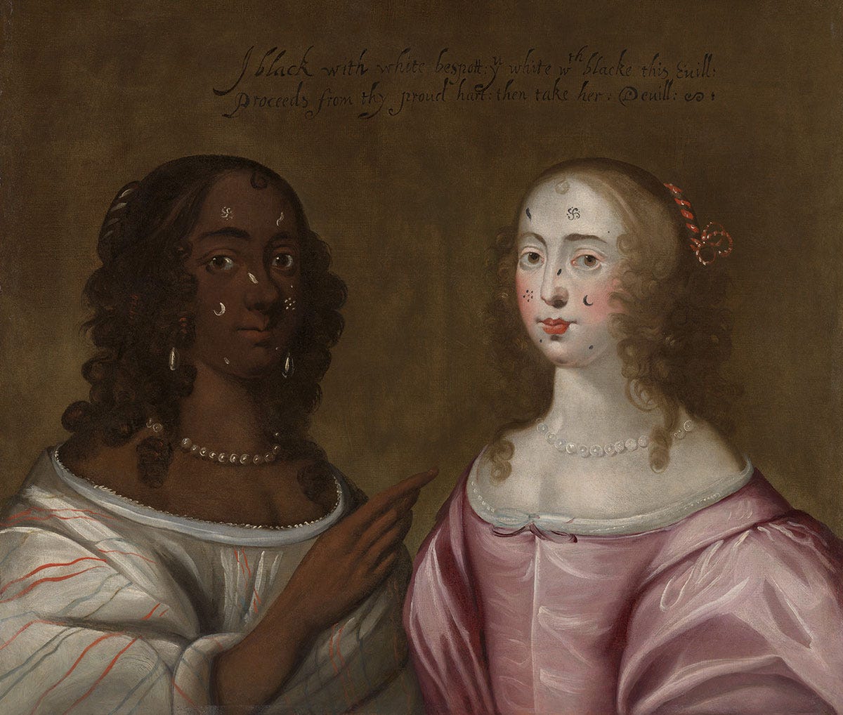 A painting of two women - one black and one white - facing each other