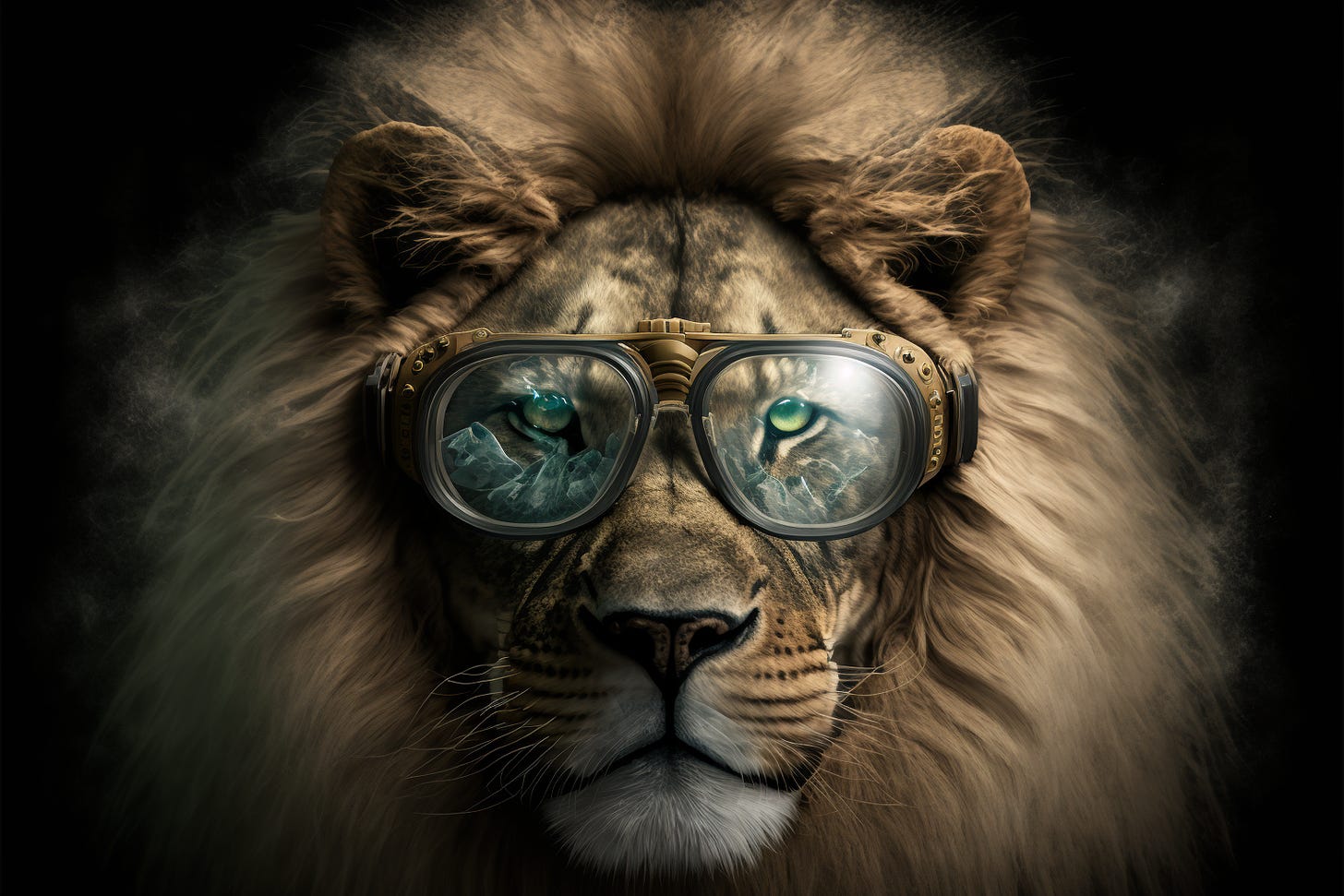 a lion wearing protective goggles that reflect blue icebergs via Midjourney