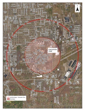 A map showing the evacuation zone surrounding a burning industrial facility on Rosemary Boulevard.