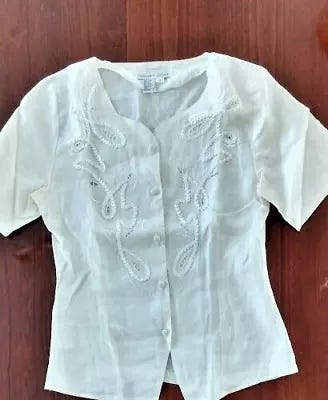 Vtg Carlie's Court 100% Linen Blouse S6 Off White/Ivory emboridered Blouse Shirt - Picture 1 of 9
