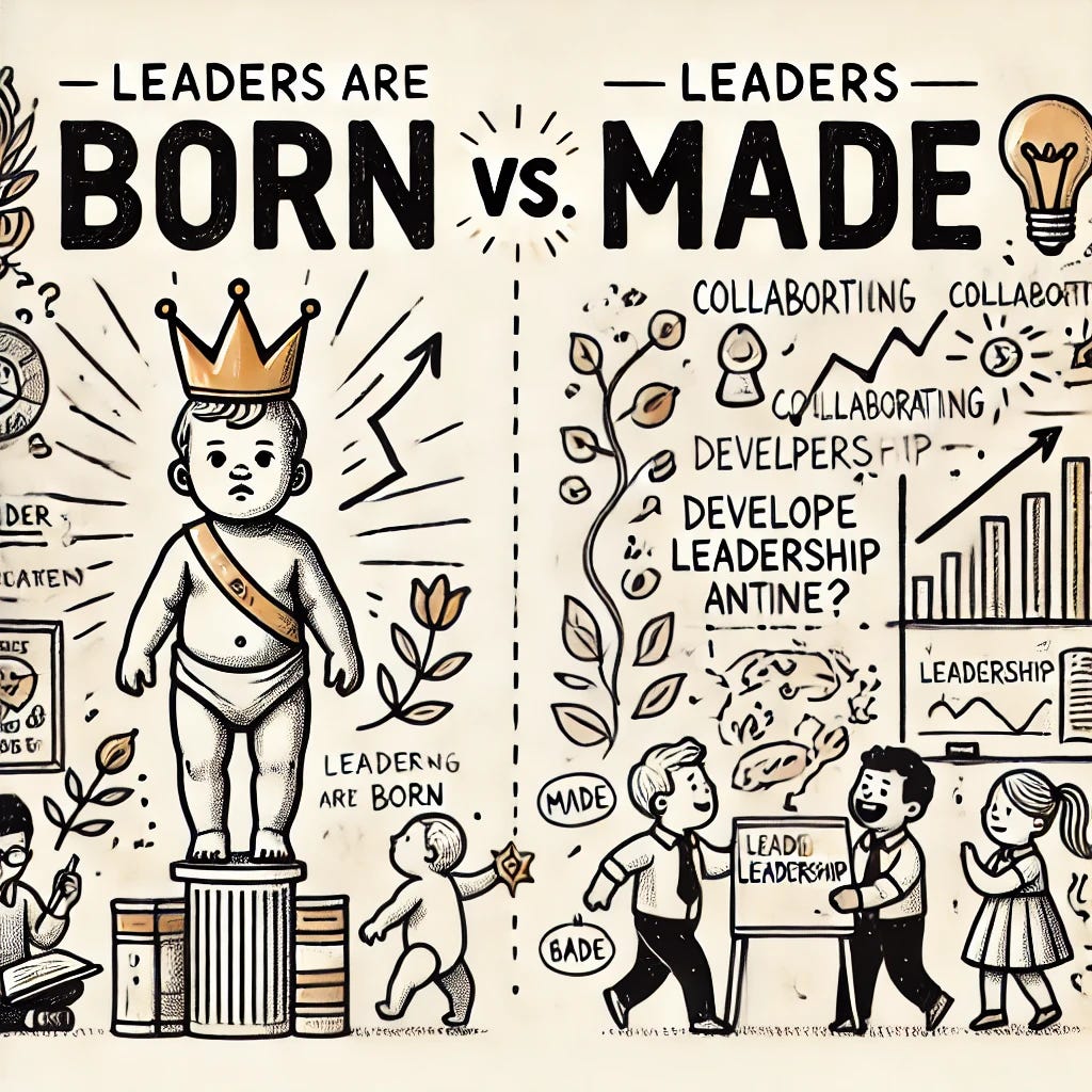 A hand-drawn illustration focusing on the myth of 'leaders are born vs. made,' with minimal text. On the left side, a baby wearing a crown symbolizes the 'born' leader myth, standing alone on a pedestal, representing the misconception that leadership is innate. On the right side, individuals are shown actively learning, collaborating, and developing leadership skills, emphasizing the 'made' side of the debate. Symbols of education, such as books and growth, are present to show the process of cultivating leadership abilities. The image uses clean, modern line art and emphasizes the contrast between the two concepts visually without heavy text.