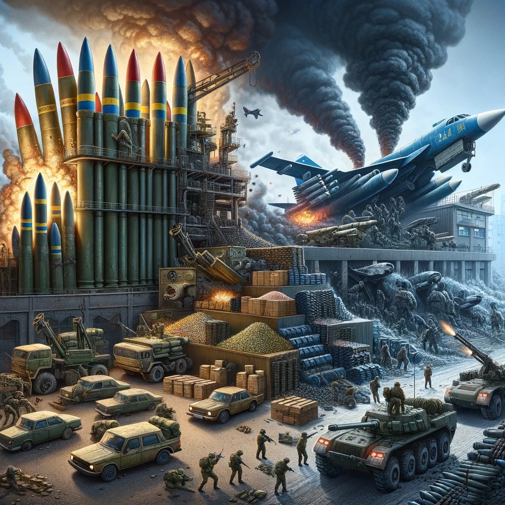 An intense battlefield scene illustrating the wear and tear of Russia's military arsenal. Show heavily used artillery with visibly worn-out barrels and a stockpile of rockets ready to be deployed. Include damaged Russian armored vehicles, indicating the depletion of their resources. Contrast this with a dynamic portrayal of Ukraine's allies' increasing capabilities: factories producing large quantities of ammunition and missiles, including pac-3 interceptors. The setting should reflect a stark difference in the readiness and sustainability between the two sides, highlighting the strategic shift in military support.