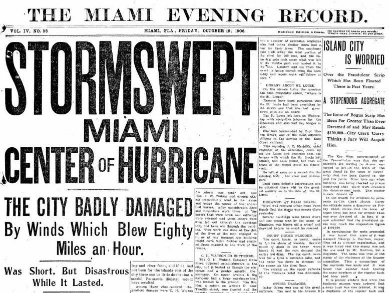 Front page of the Miami Evening Record on October 19, 1906.