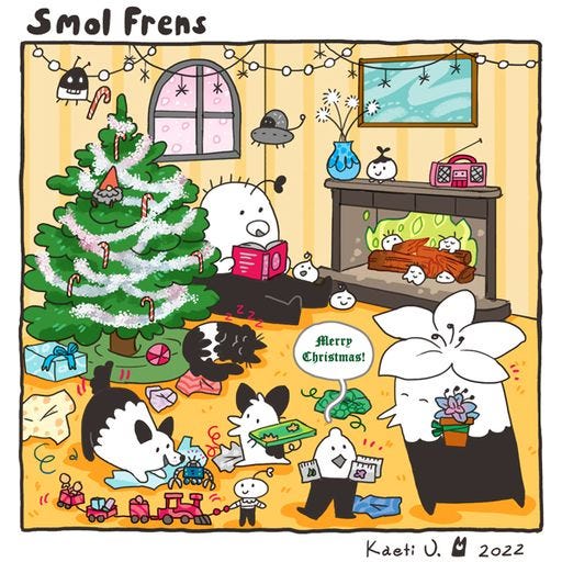 The smol frens are opening Christmas gifts.