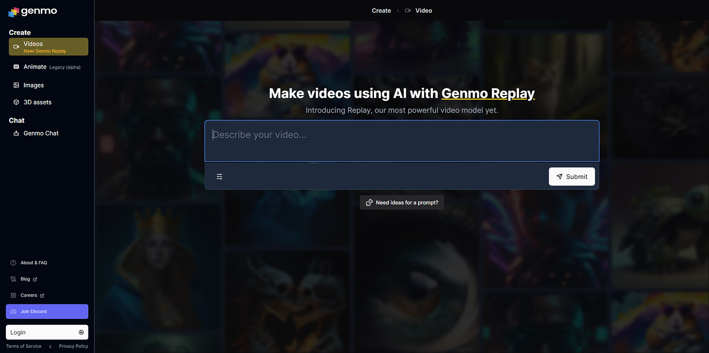Frontpage of Genmo Replay text-to-video tool