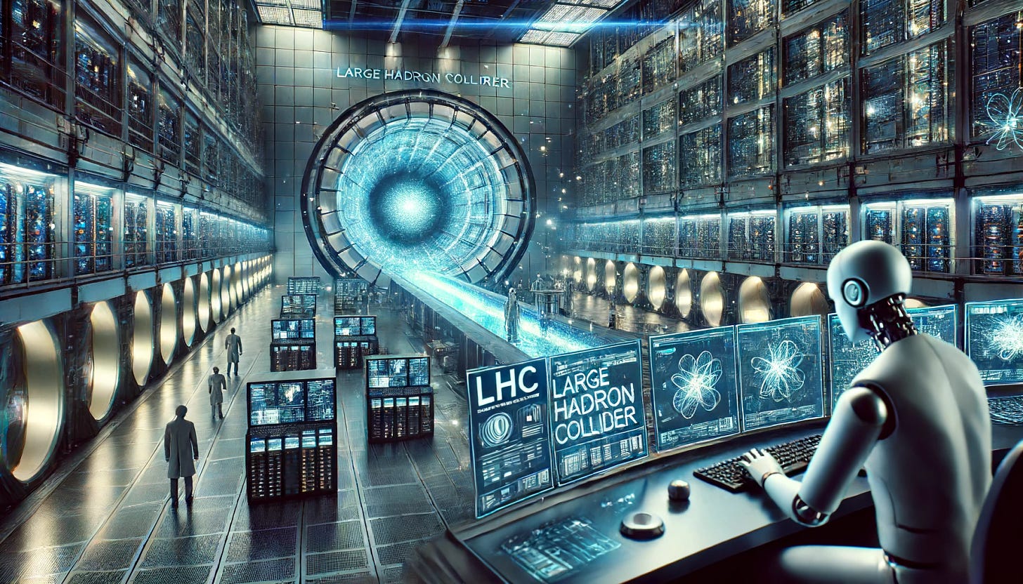 A high-tech Large Hadron Collider (LHC) facility with artificial intelligence analyzing particle collisions. The scene includes glowing particle trails and scientists monitoring data. The environment is futuristic and advanced, with sleek, modern equipment and displays. The image is in a 16:9 aspect ratio, emphasizing the widescreen format and detailed setting.