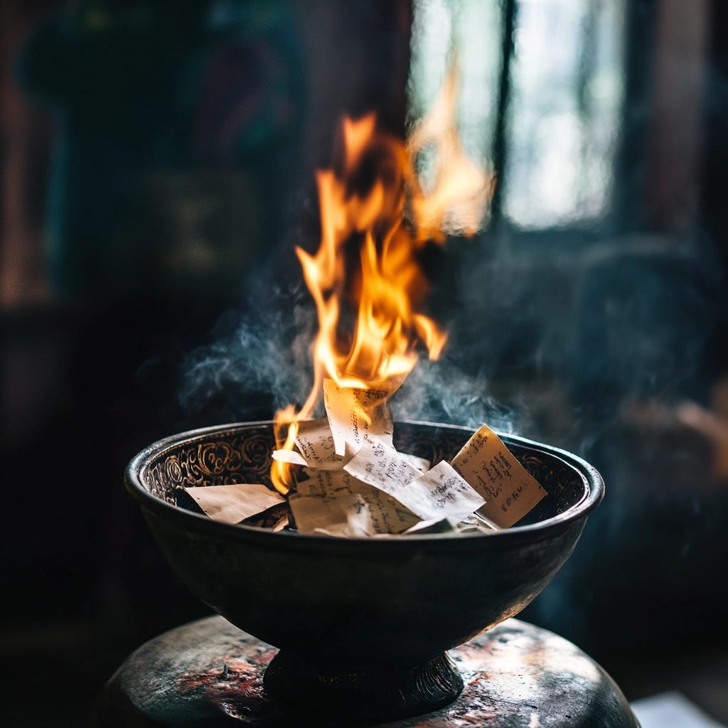 Burning slips of paper in a fireproof bowl to release negative energy from the past year."