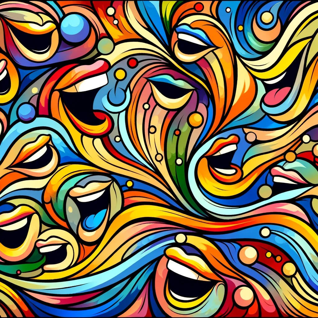 Create a colorful and abstract cartoonish image that captures the essence of an endless, flowing conversation. The artwork should feature a series of open, smiling mouths and speech bubbles in a seamless and repeating pattern that suggests a never-ending dialogue. The colors should be vibrant and the shapes should give a sense of ongoing movement, embodying the idea of a conversation that continues infinitely.