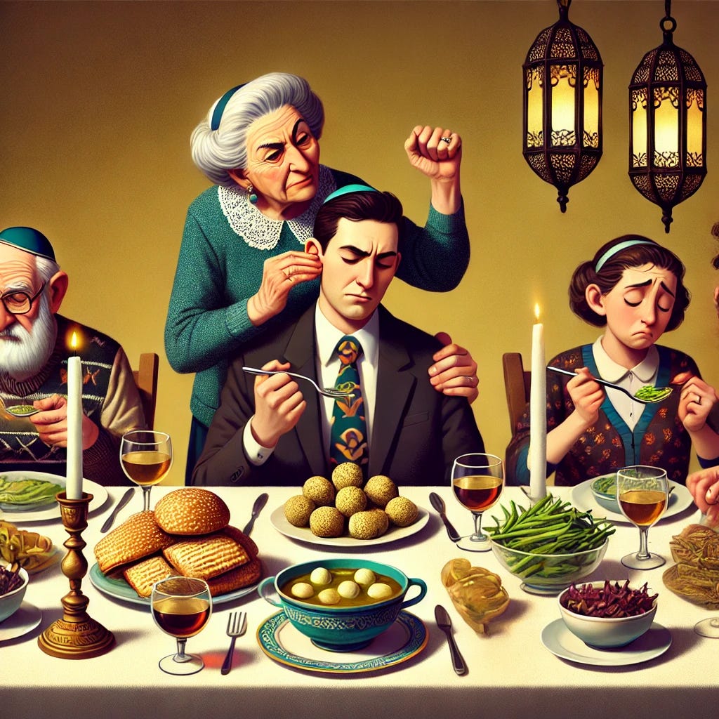 A family gathered around a Passover seder table, with traditional foods like matzo ball soup and bitter herbs. The mother, a strong matriarchal figure, is tugging her husband's ear in a disapproving manner, while the rest of the family awkwardly prods at their bitter herbs and matzo ball soup with their utensils, avoiding eye contact. The atmosphere feels tense and awkward, but the traditional elements of the seder, including the lit candles and Haggadah books, are present, keeping the scene rooted in the Passover celebration.