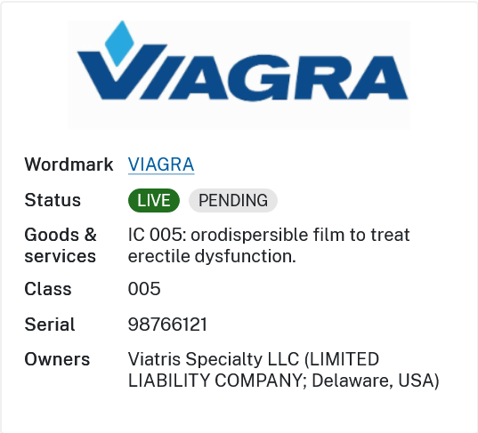 Viagra new Wordmark Trademark Image Pending Examination by US Trademark Office