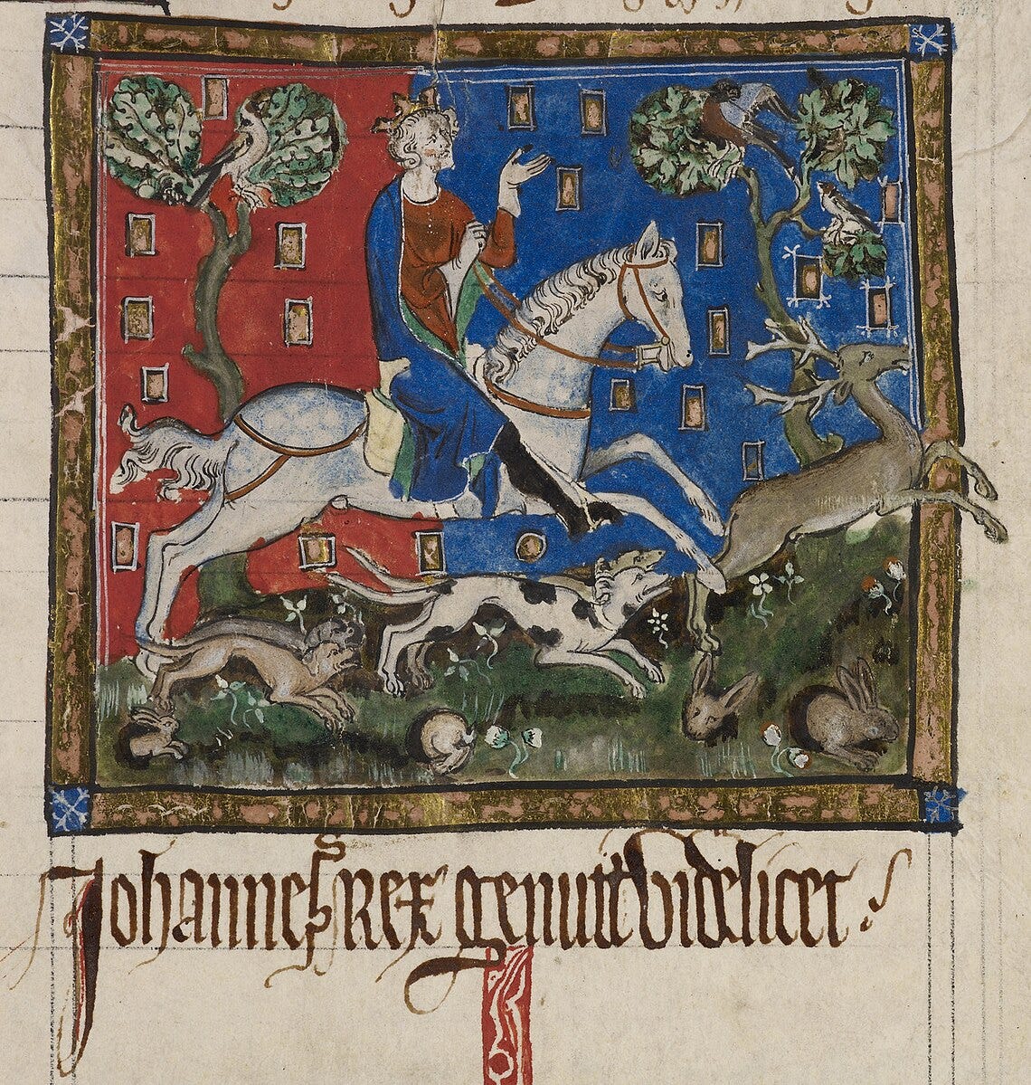 Medieval manuscript image of John on a stag hunt.