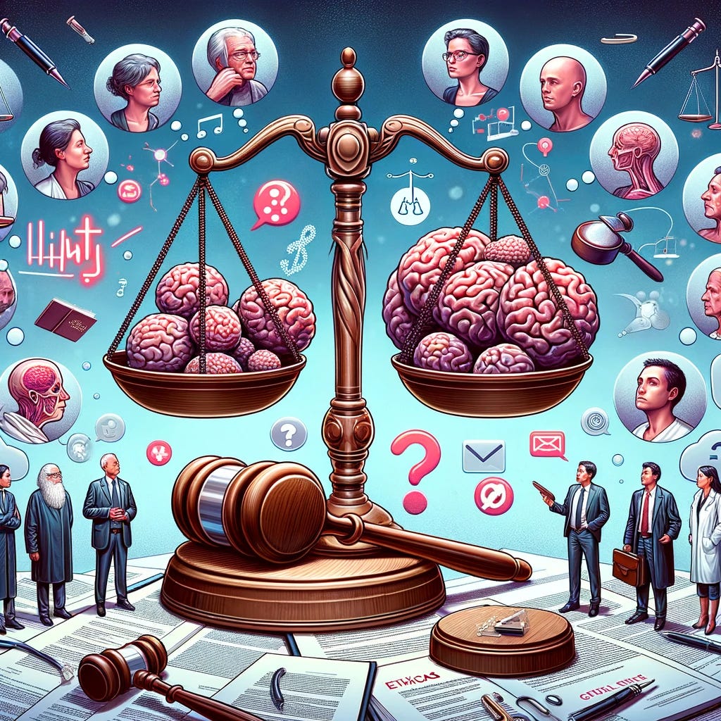 A conceptual image showing the ethical considerations in organoid research. The illustration depicts a balance scale, with one side holding organoids and the other side holding a gavel and a book of ethics. Around the balance scale, various stakeholders are represented, including scientists, ethicists, and public figures, each expressing their viewpoints through thought bubbles. The background is filled with legal documents, ethical guidelines, and question marks, reflecting the complexity and ongoing debates surrounding the ethical use of organoids in research and medicine.