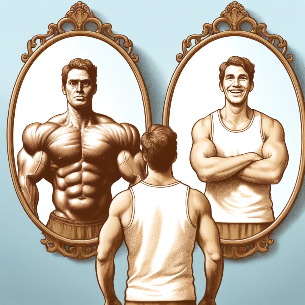 Illustrate an image depicting a man standing between two mirrors that reflect two distinct paths of self-image. In the first mirror, his reflection reveals a heavily muscular figure, the result of steroid use, paired with a clear expression of unhappiness and regret. This side represents the physical toll and emotional dissatisfaction that can accompany the pursuit of an artificially enhanced physique. In the second mirror, show a reflection of the same man in a naturally fit state, smiling and exuding a sense of well-being and self-acceptance. This image aims to capture the essence of true happiness found in health and natural beauty, contrasting sharply with the false promises of steroid-induced transformation.
