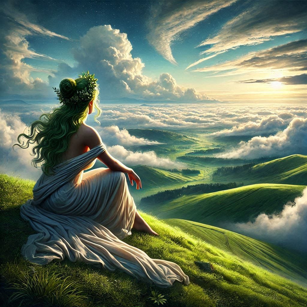 The Goddess Gaia sits on the slope of a green hill watching the clouds all the way to the horizon. Realistic digital art