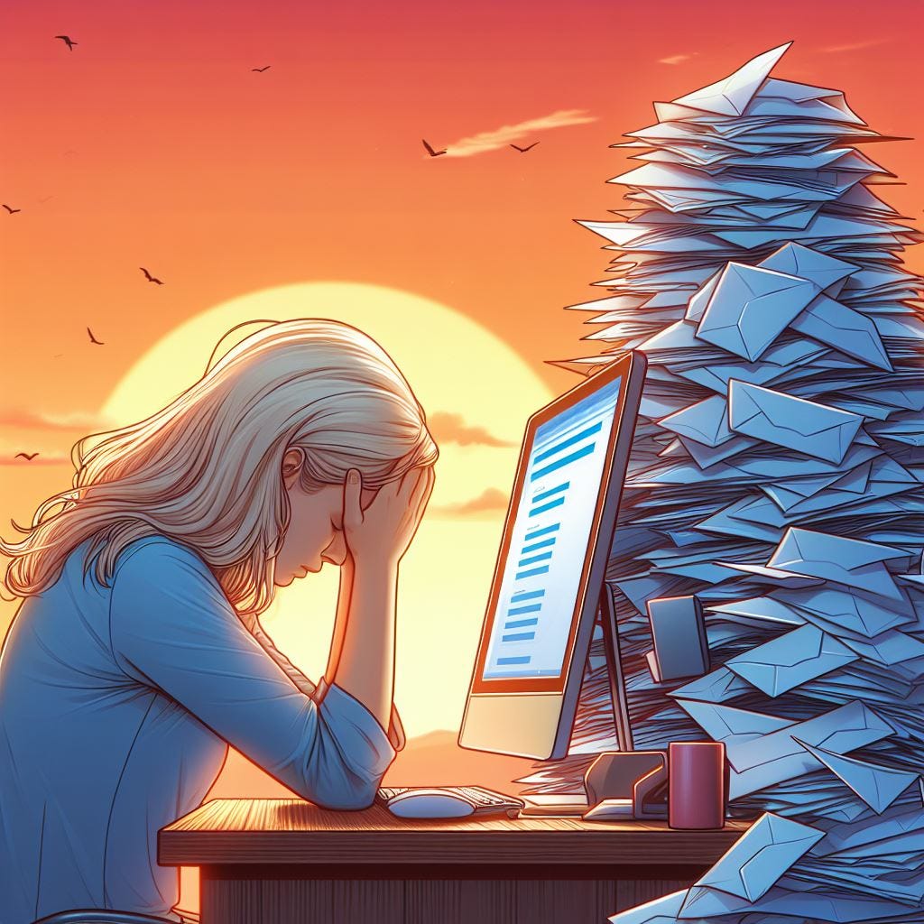 A blond woman sitting at her computer with her head down from email overload. Piles of digital email papers are stacking up all around her with a sunset in the background.