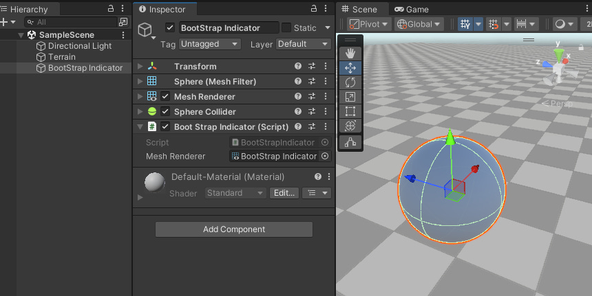 Screenshot of a Unity project demonstrating the presence of a component used to illustrate the status of the bootstrapping system