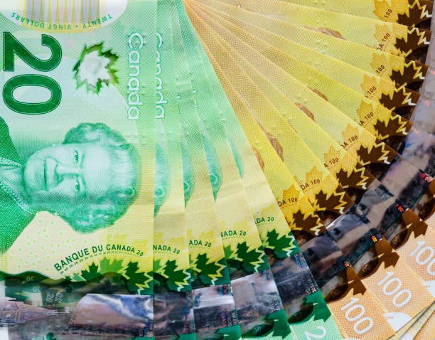Canadian banknotes background Canadian banknotes background of twenty and hundred dollar bills for business and financial concept canadian currency stock pictures, royalty-free photos & images