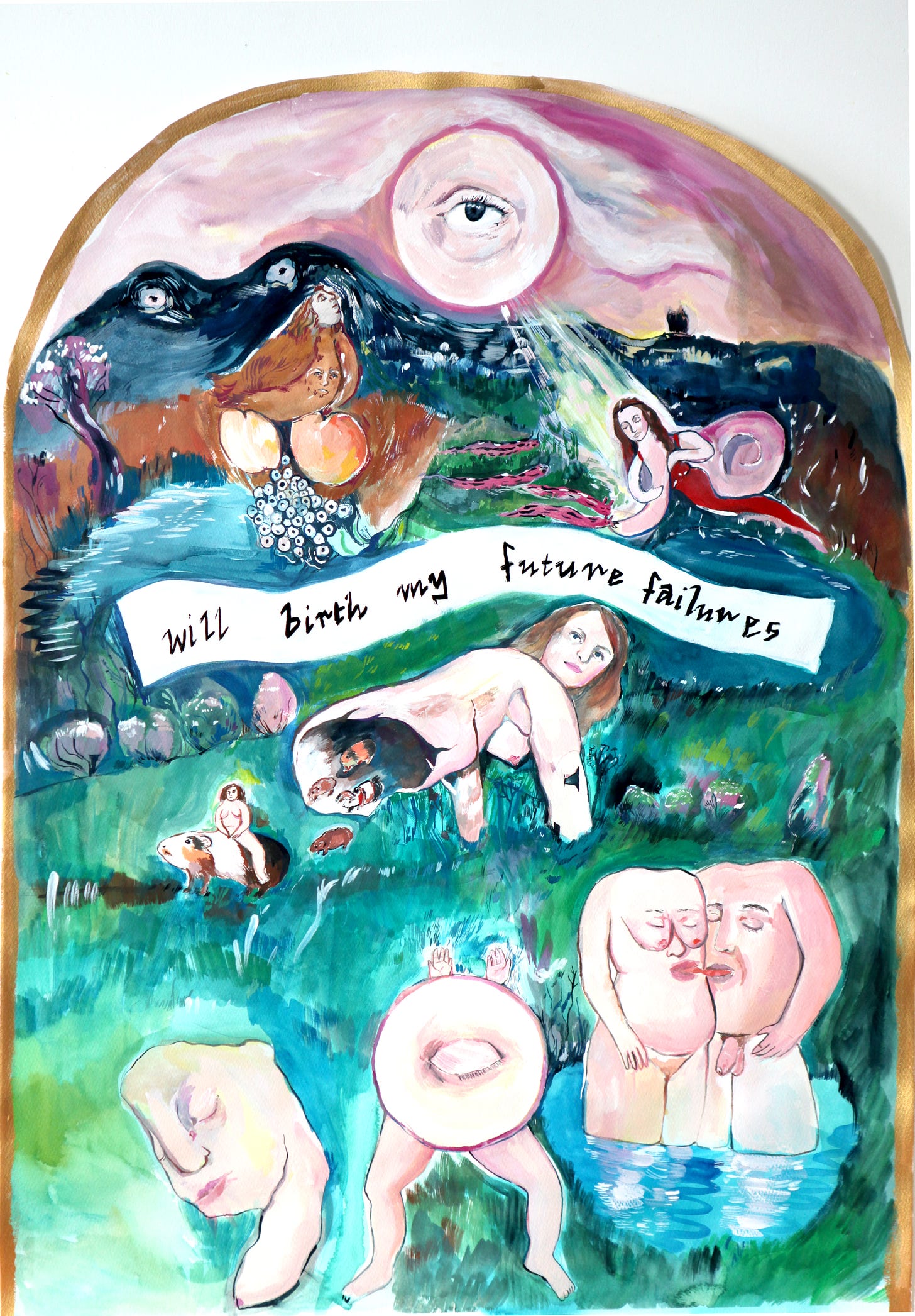 painting with landscape, chicken sitting on apples, a snail breastfeeding slugs, a tree woman giving birth to guineapigs, etc. text in image says: will birth my future failures.