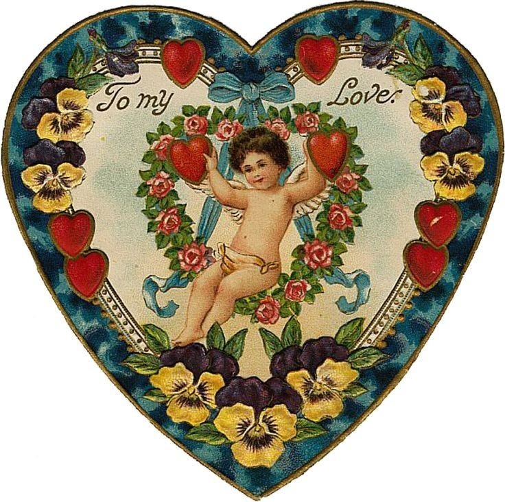A flowery, ornate heart outlined in blue with a second heart wreath inside. A cherub sits on the wreath. Text: To my love.