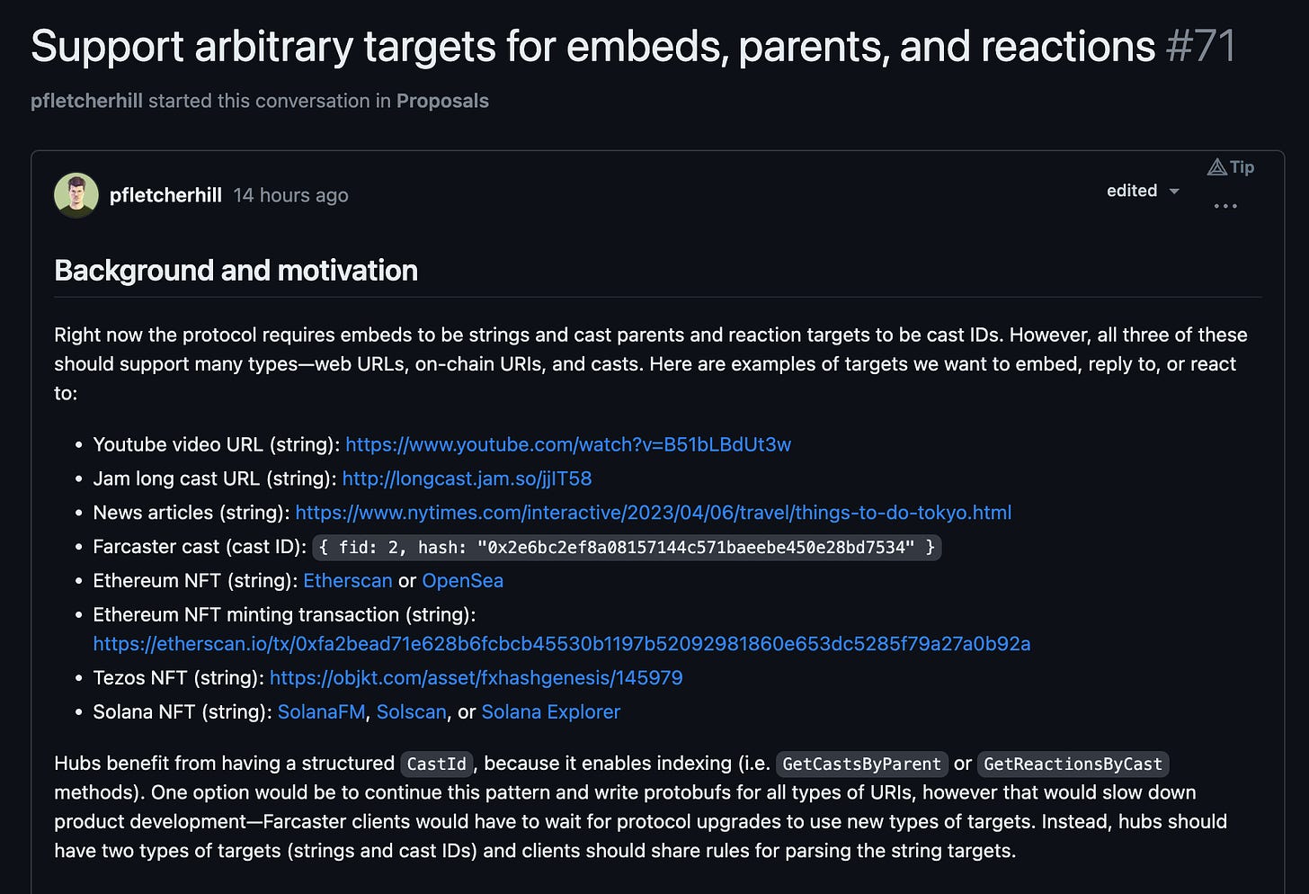 Some other examples of embeds that @pfh touched on in GitHub discussions are:

- YouTube video
- News article
- Farcaster cast https://i.imgur.com/bjiR5xV.png