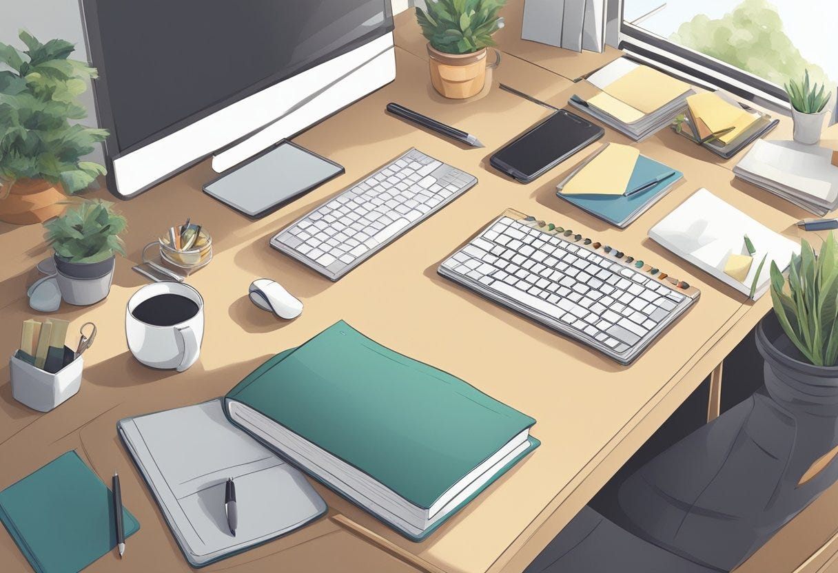 A clutter-free desk with a neatly organized planner, a focused individual working with determination, and a serene environment with minimal distractions