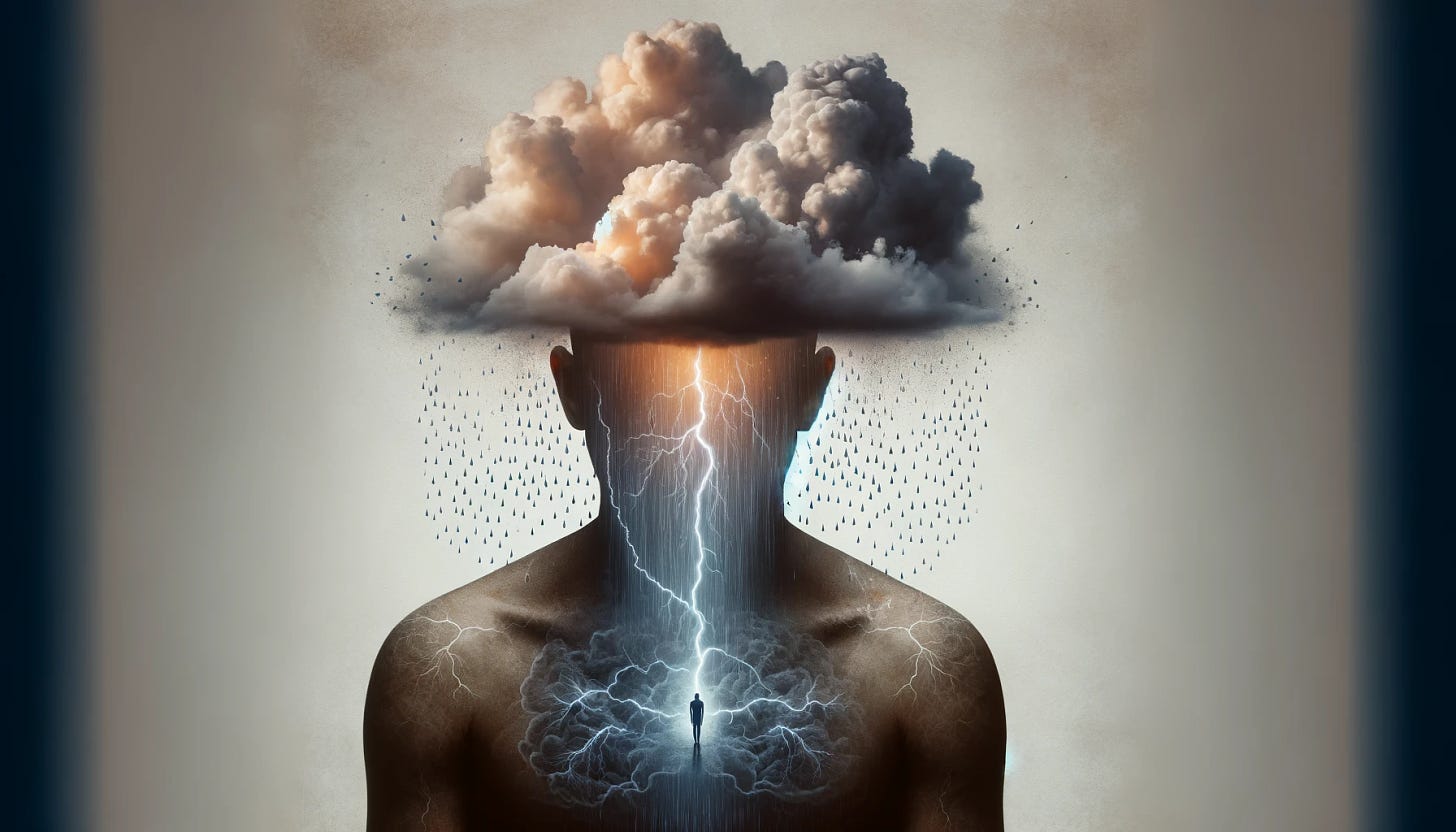 A metaphorical image of a person experiencing depression. The image should depict a person with a storm cloud and rain within their head where the brain should be, symbolizing the emotional turmoil and sadness associated with depression. The overall aesthetic should be somber and introspective, with muted colors and a focus on the contrast between the storm cloud and the person’s body. The background should be minimalistic to emphasize the metaphorical elements.