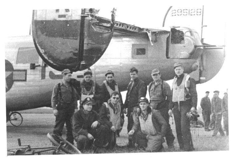 14 September 1944 - The Bruce Crew poses in front of a wrecked Bonnie Vee after bringing her back from a mission to Fismes, France. They had left the U.S. aboard the Bonnie Vee, named for Bruce's wife, but had her taken from them upon arrival in Eng…