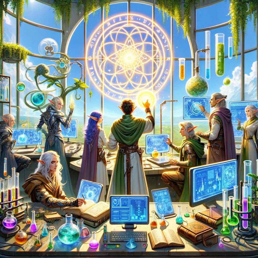 Create an illustration of a group of elf mages/scientists in a solarpunk setting. The scene is set in a bright, eco-friendly lab, blending natural elements with advanced technology. The elves, diverse in appearance, are deeply engaged in research, surrounded by ancient grimoires, sleek computers, and bubbling chemical equipment. One elf is drawing a magical circle glowing with energy, while another analyzes data on a holographic display. The lab is filled with greenery, with sunlight streaming through large windows, emphasizing the harmonious blend of magic, science, and nature. The artwork should capture the essence of solarpunk - sustainable, futuristic, and magical.