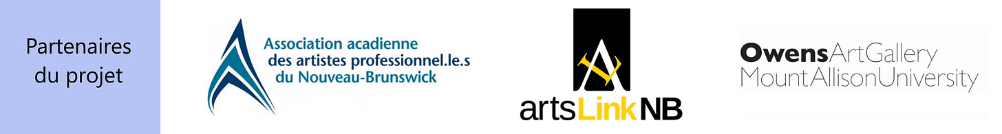 Logos des partenaires du projet : l'Association acadienne des artistes profesionnel.le.s du Nouveau-Brunswick, Arts Link NB, et l'Owens Art Gallery à Mount Allison University.