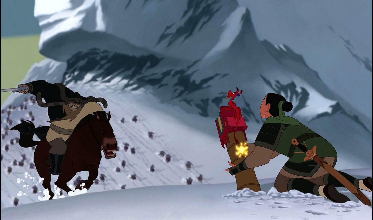 In Disney's Mulan (1998) - Mulan is told "A girl can bring her family great  honor in one way...by striking a good match." Both of Mulan's victories  over the Huns involved lighting