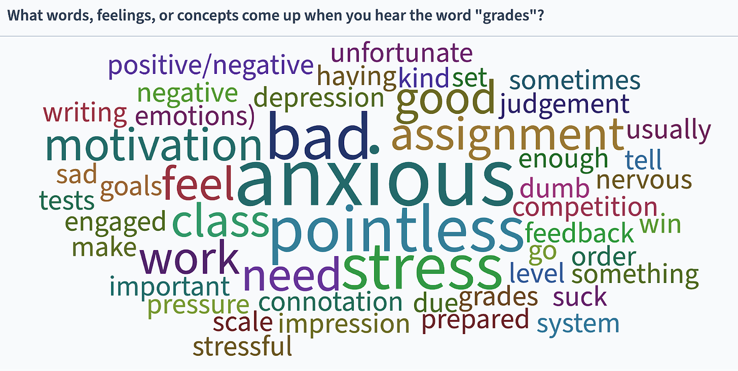 A word cloud with answers to the question "What words, feelings, or concepts come up when you hear the word "grades"? Prominent words include "anxious," "bad," "pointless," and "stress."