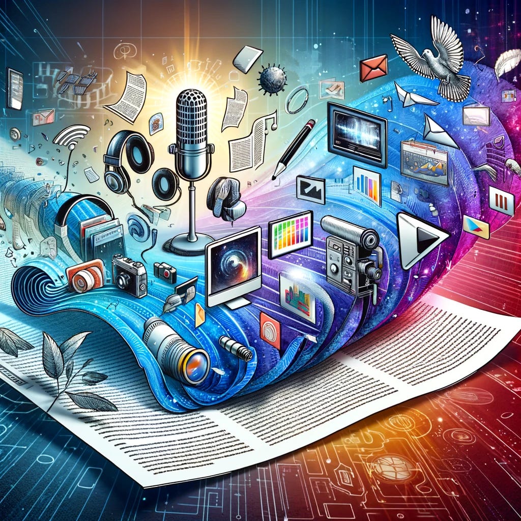 A creative and dynamic illustration showing the transformation of a long-form article into various multimedia formats. The central element is a physical article that visually expands and morphs into a video player, an audio podcast setup with microphone and headphones, a cinema screen showing a movie, a detailed chart, and a series of images arranged in a flowing layout. Each format is vividly represented, and the transformation is depicted as seamless and fluid, symbolizing the adaptability and expansion of content across different media. The background is abstract, emphasizing the idea of digital transformation.