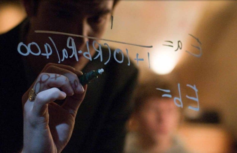 Still from the movie “Social Network” where the Facebook founders are writing down a friend ranking algorithm on their dorm window