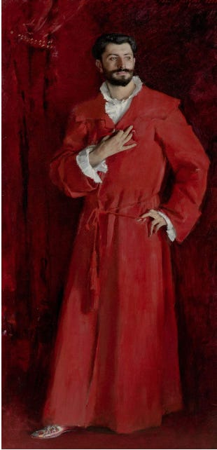 Dr Pozzi at Home (1881) in fabulous embroidered slippers and a stunning cherry red dressing gown with white cuffs peeking out of the sleeves.