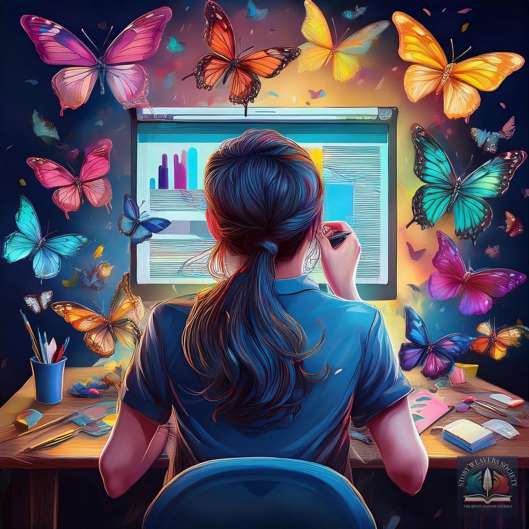 Image of a woman in front of a computer with information and data, surrounded by a glowing light and different coloured butterflies and creative tools