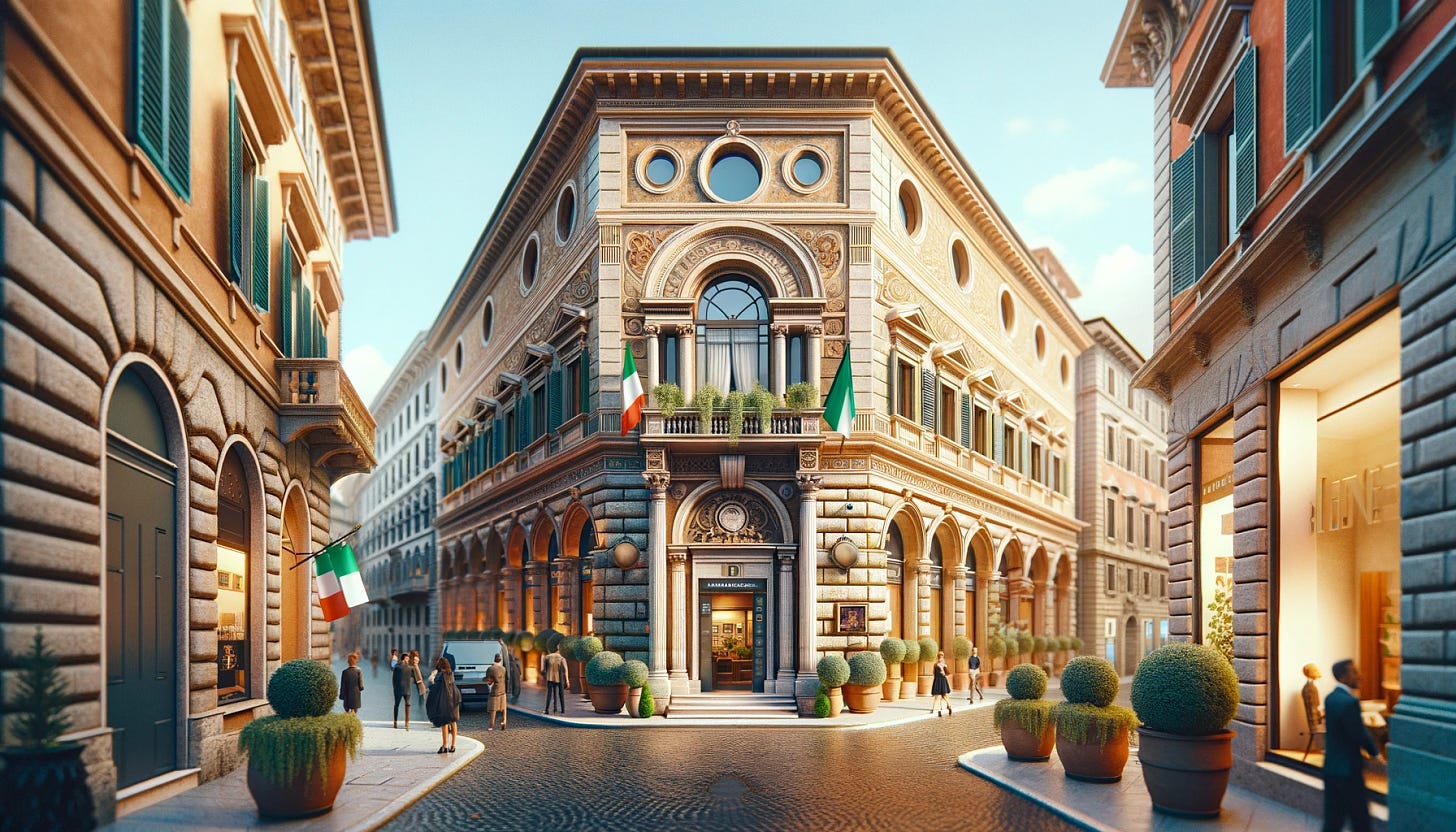A picturesque scene of an Italian street, with the focus on an elegant, traditional Italian bank. The building is made of warm-colored stone, featuring tall arched windows, a grand entrance with classic columns, and ornate detailing typical of Italian architecture. The bank sits proudly on a cobblestone street, surrounded by potted plants and small Italian flags. The ambiance is lively yet sophisticated, with people in stylish attire walking by, and a clear blue sky above. This image embodies the charm and stability of Italian banking institutions, set against the backdrop of Italy's rich cultural heritage.