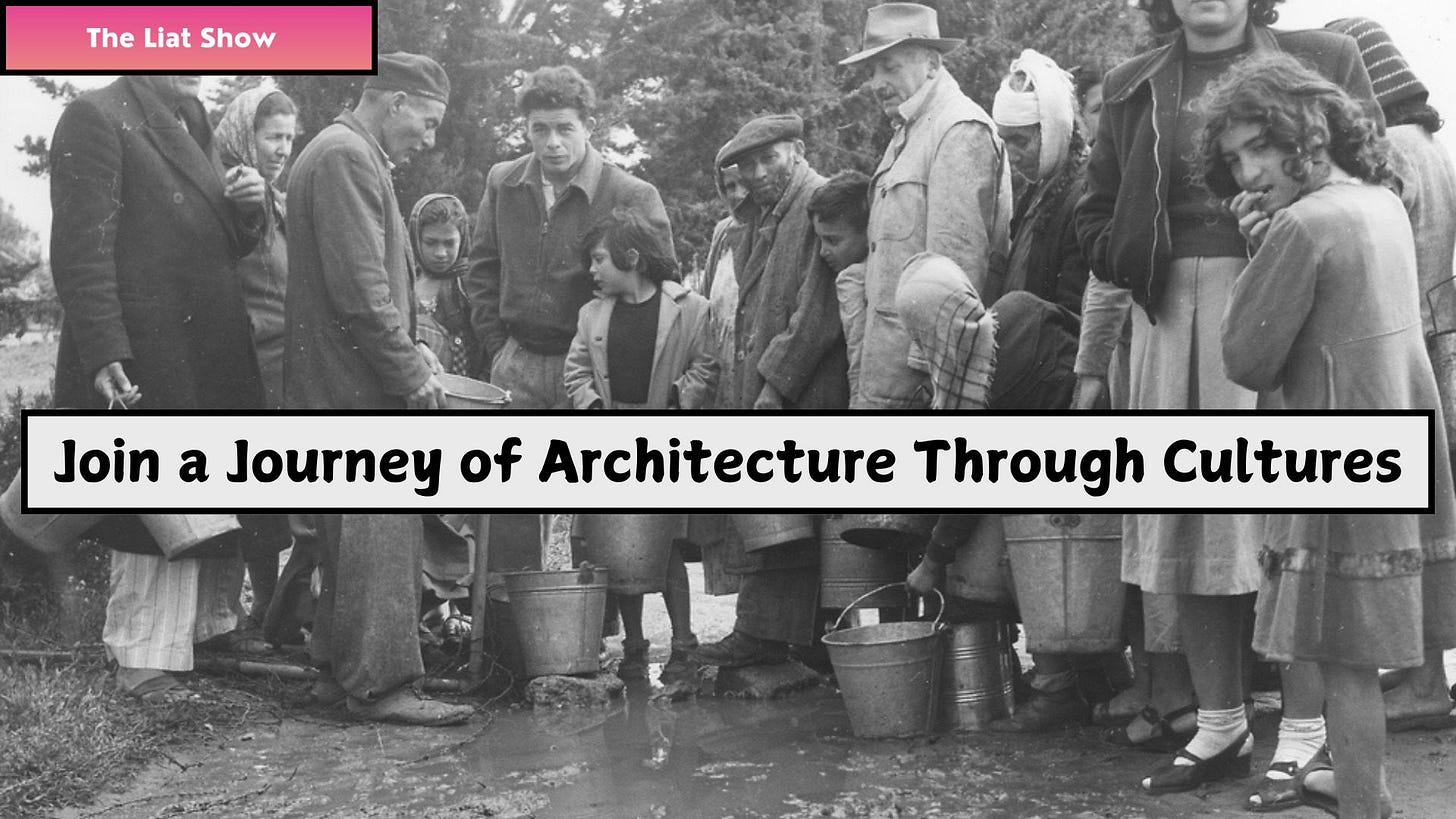 Life in the Ma’abarot in the early days of Israel shows a group of people, including men, women, and children, gathered around a muddy area with metal buckets, waiting to collect water.