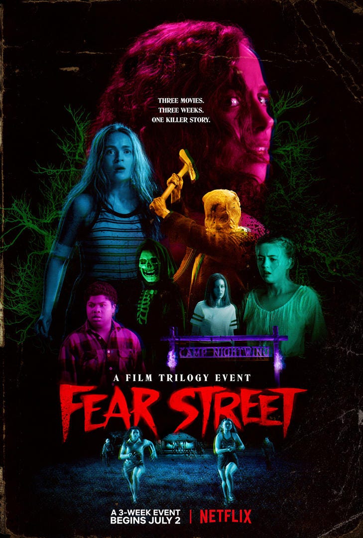 The movie poster for the new Fear Street series, featuring neon shaded teenagers and a man with a burlap sack over his head wielding an axe. White text reads "Three movies. Three weeks. One killer story." 